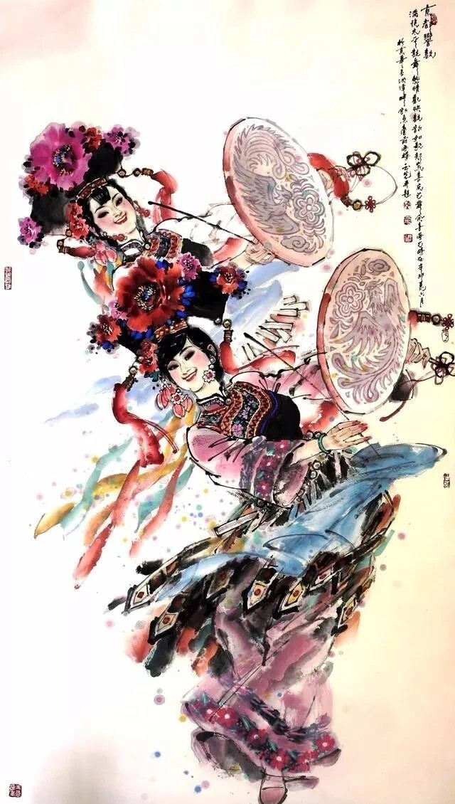 
传情的舞步、撩人的眉目。军旅画家陈玉先（1944－）先生，将中国画的线描艺术与水墨艺术在作品中融合得天衣无缝，可谓笔情墨韵浑然天成。