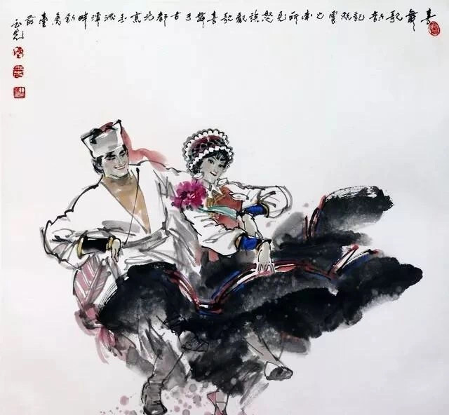 
传情的舞步、撩人的眉目。军旅画家陈玉先（1944－）先生，将中国画的线描艺术与水墨艺术在作品中融合得天衣无缝，可谓笔情墨韵浑然天成。