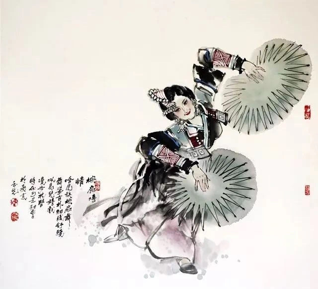 
传情的舞步、撩人的眉目。军旅画家陈玉先（1944－）先生，将中国画的线描艺术与水墨艺术在作品中融合得天衣无缝，可谓笔情墨韵浑然天成。