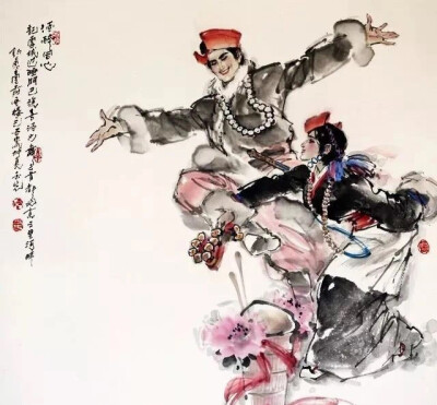 
传情的舞步、撩人的眉目。军旅画家陈玉先（1944－）先生，将中国画的线描艺术与水墨艺术在作品中融合得天衣无缝，可谓笔情墨韵浑然天成。