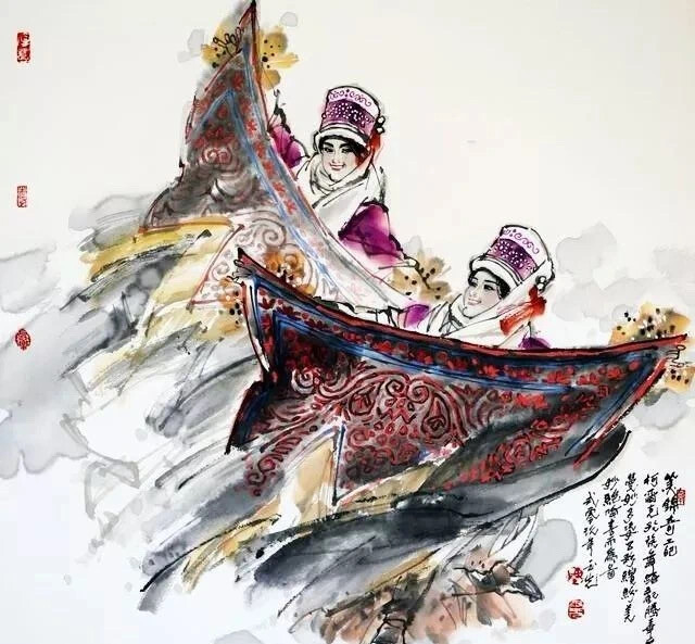 
传情的舞步、撩人的眉目。军旅画家陈玉先（1944－）先生，将中国画的线描艺术与水墨艺术在作品中融合得天衣无缝，可谓笔情墨韵浑然天成。