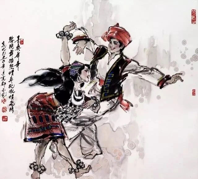 
传情的舞步、撩人的眉目。军旅画家陈玉先（1944－）先生，将中国画的线描艺术与水墨艺术在作品中融合得天衣无缝，可谓笔情墨韵浑然天成。