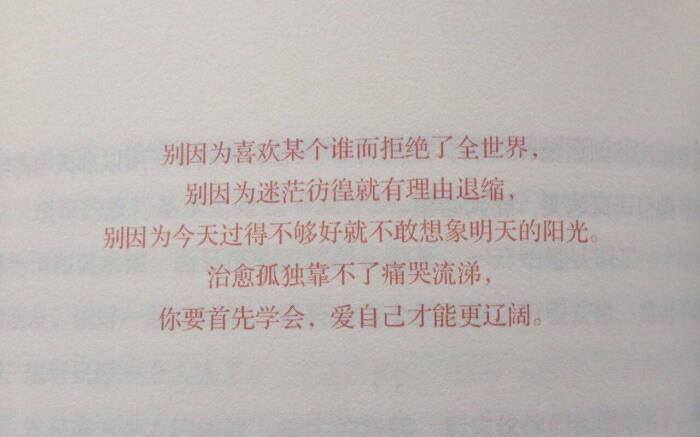 
別因為喜歡某個誰而拒絕了全世界、別因為迷茫仿徨就有理由退縮、別因為今天過的不够好就不敢想像明天的陽光：治癒孤獨靠不了痛哭流涕、你要首先學會、愛自己才能更遼闊——
