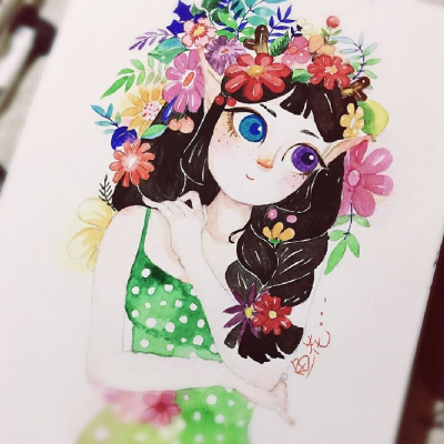 鲜花少女，带着香味的水彩
插画师@鱼花酱- 。 