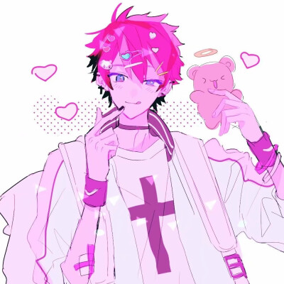 【动漫情头】个性 粉 少女心 比心 小熊玩偶 粉发蓝瞳