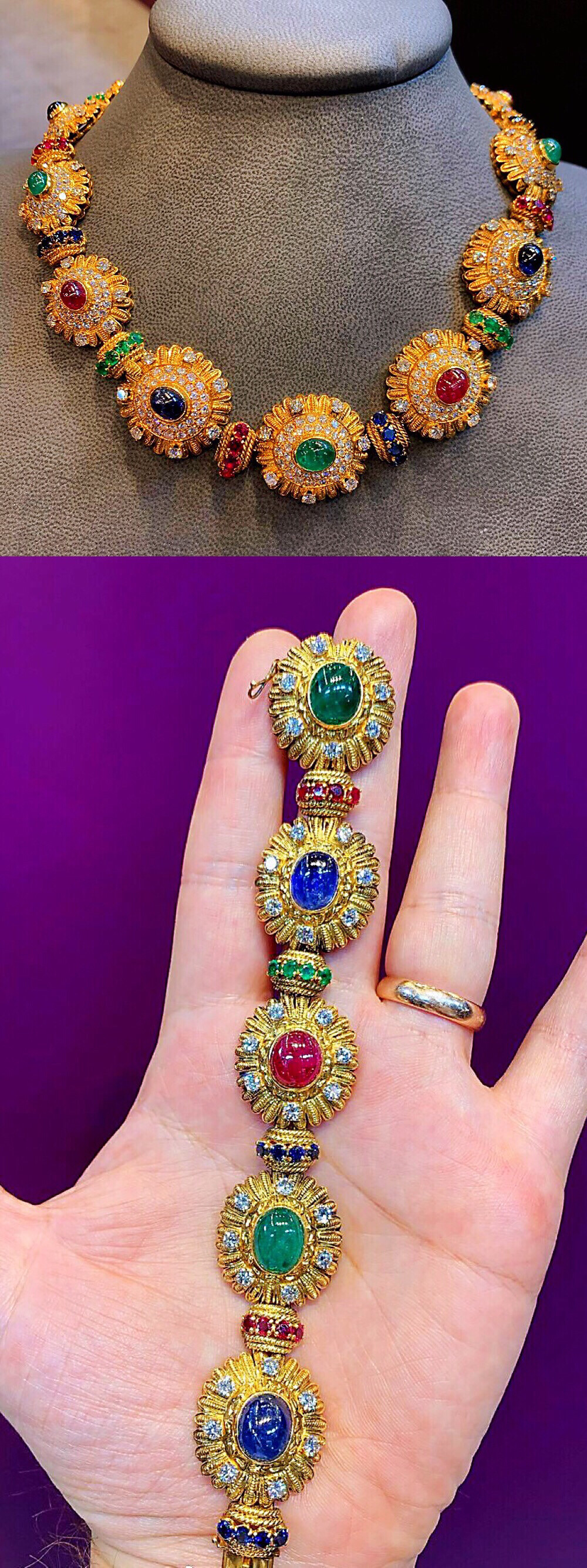 曾属于希腊末代王后安妮-玛丽的黄金彩宝套装，来自梵克雅宝，材质是黄金+红宝、蓝宝以及祖母绿，包括可以拆成两条手链的项链、手链、红宝耳环以及红宝戒指，约制作于1965年