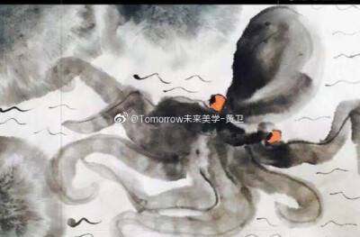 水墨章鱼：舒展的姿态，狡黠的眼神，配合出画面背景的构图处理，大有一种胜利大逃亡的脱逃感，凸显孩子们的古灵精怪。（作品出自湖北宜昌小鱼儿ll未来美学） ​