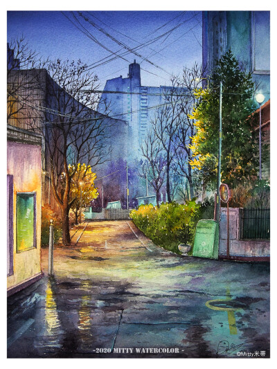 11月一个特别的计划“以夜为主题”画一系列的城市夜景，今天分享第一幅作品，“夜幕渐渐落下，路灯们不约而同地睁开了眼睛，在明亮的灯光下，刚刚下过雨的马路也露出了温柔的一面，变成了暖暖的颜色，夜更美了。”