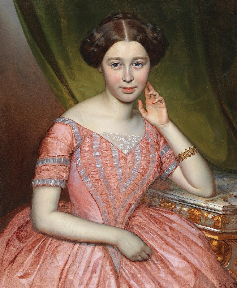 lady in pink evening dress by johann boss, 1852