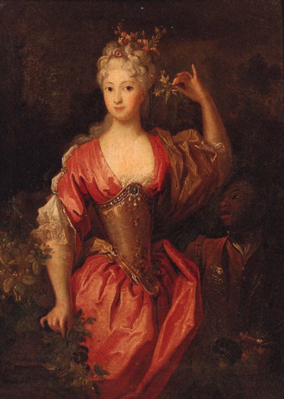 Follower of Caspar Netscher
Portrait of a lady, small three-quarter-length, in a red dress with flowers in her hair, a negro page at her side