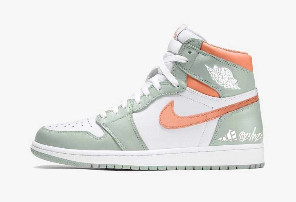 女生专属配色，Air Jordan 1 “Seafoam” 渲染图释出。鞋款整体以白色为底，在不同部分加以淡绿色和橙色做点缀，十分清新。相信这双鞋款一定会引起不少女鞋迷的关注。据悉，这双全新 Air Jordan 1 High OG WMNS “Seafoam” 将于明年正式发售