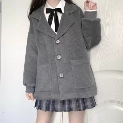 Ruibbit自制学院风毛呢夹棉秋冬男女黑红灰色外套jk制服大衣新品