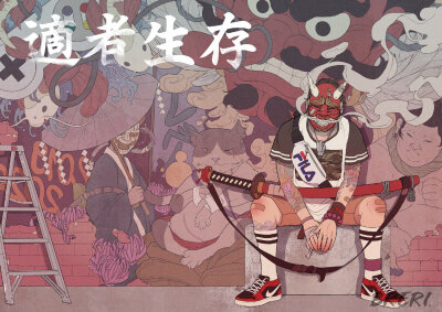 Breri twi:Breri_ 手绘 插画 壁纸 adidas supreme 配色 剑客 天狗 妖怪 武士 般若 阴阳师 百鬼夜行 