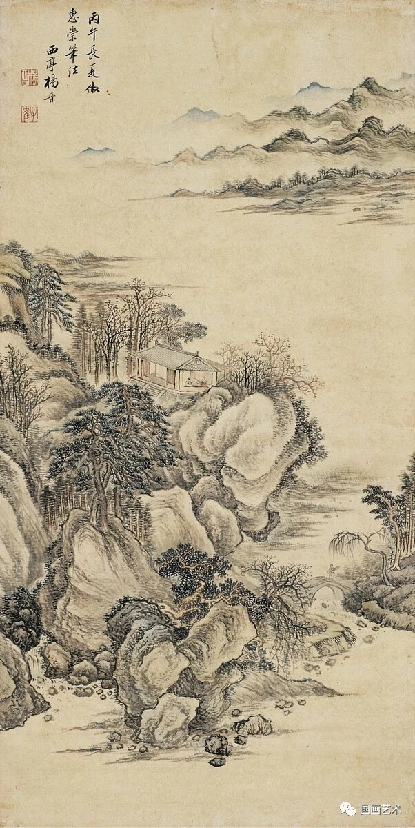 杨晋（1644－1728）字子和，一字子鹤，号西亭，自号谷林樵客、鹤道人，又署野鹤。山水为王翚入室弟子