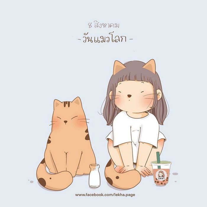 女孩与猫咪的可爱日常插画bylekhasukprasert