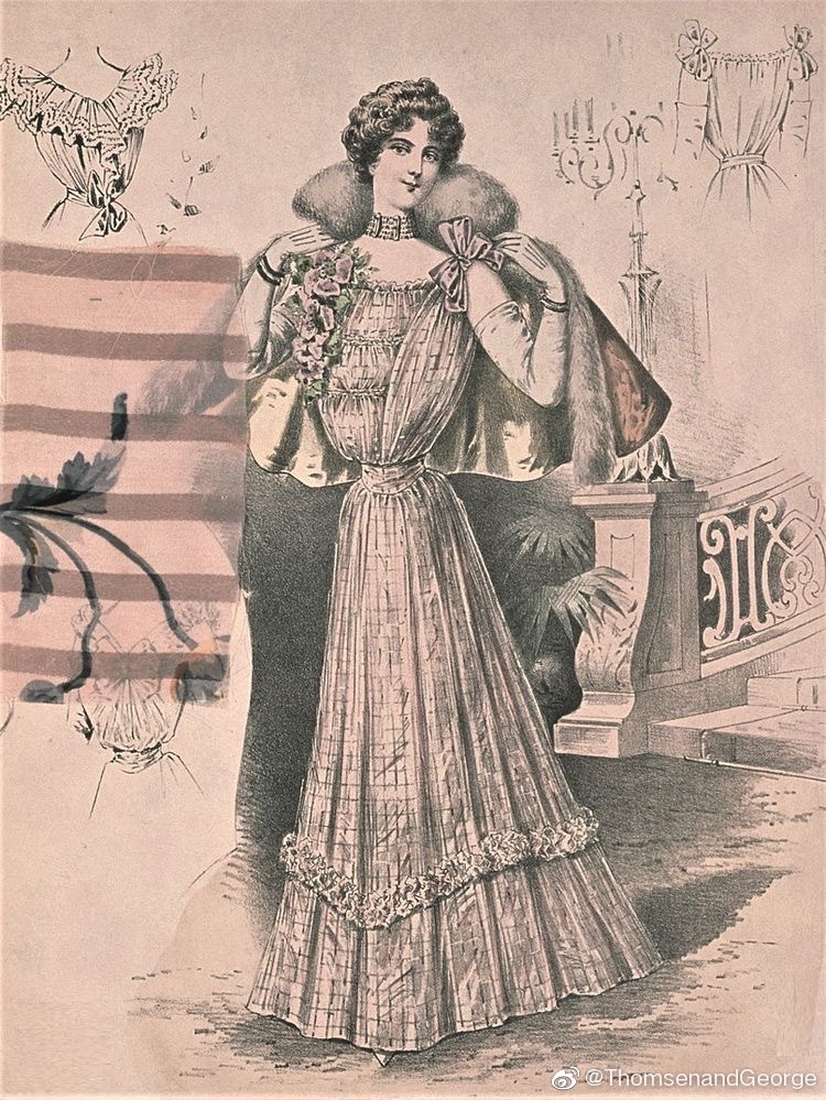 1898年时尚插画～这个时期的女装已经没有1890年代中期夸张的大袖子了，可见袖子也缩得很小了，而裙子整体也在向1900年代的造型款式过渡。