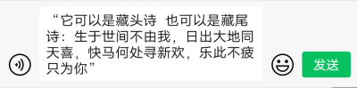 “它可以是藏头诗 也可以是藏尾诗：生于世间不由我，日出大地同天喜，快马何处寻新欢，乐此不疲只为你”