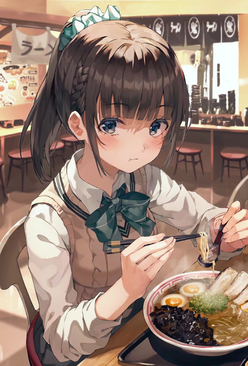 #少女插画# 早安干饭人
ラーメン[em]e400151[/em]
画师：ふわり