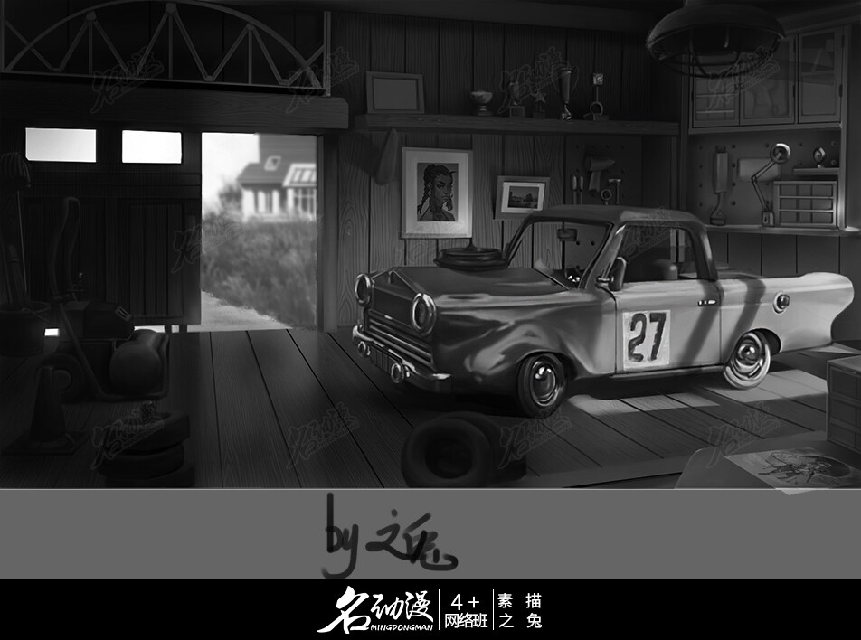 车库|素描|原创|汽车.场景-4+网络基础A班素描阶段作品图片素材