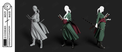 马尾辫绿袍少女手持武士刀|同人|少女|素模-3D模型作品图片素材