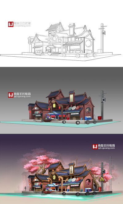 青岛王氏教育学员作品丨原画丨绘画丨插画
学习基本的建筑架构原理，深入了解并掌握建筑设计的合理性,透视的原理，box的制作方法，以及白模绘制的技巧；学习黑白叠色的上色技巧，了解色彩搭配的原理，深入学习色彩的…