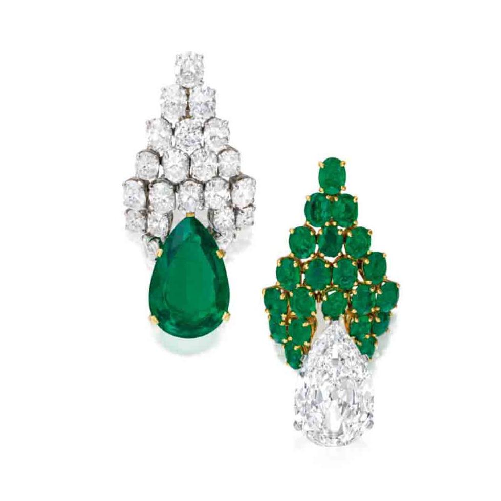 宝格丽（BVLGARI）祖母绿和钻石耳坠，1970年代，耳坠中的一颗主石为9.60克拉的水滴形切割钻石，另一颗为9.07克拉的水滴形切割祖母绿，点缀圆形切割钻石和祖母绿。成交价：116.95万美元，2020年12月9日，苏富比（Sotheby's）纽约“Magnificent Jewels”线上珠宝拍卖会