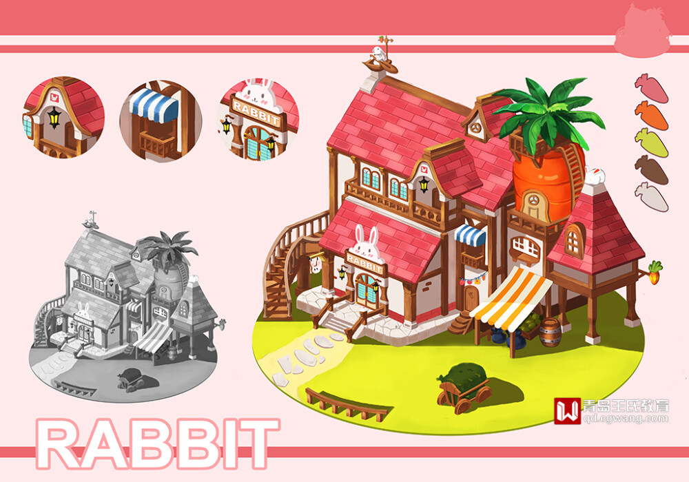 青岛王氏教育学员作品丨原画丨绘画丨插画
通过学习基本的建筑构架原理，深入了解并掌握建筑设计的合理性，透视的原理，box的制作方法，以及白模绘制的技巧。让学员能绘制出一张黑白建筑。然后学习黑白叠色的上色技巧，了解色彩搭配原理，深入学习色彩的冷暖关系处理方法和建筑的刻画技巧，让学员能绘制出一张完整的建筑设计图。最后学习q版建筑的绘制技巧，了解掌握写实建筑与q版建筑的造型区别，复习所学过的建筑刻画知识，让学员能绘制出一张造型有趣的建筑作品。
那让我们一起欣赏一下青岛校区学员们的Q版建筑作品吧~