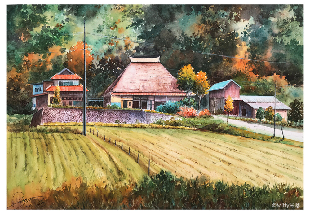 【绚丽多彩的乡村风景】生存家族电影背景画，一幅画要有很多情感共鸣，这幅画是独居老人目送一家四口的离开的画面，很触动内心也让我想起每次回老家父母目送我离开的场景，人生的牵绊就是我们最重要的经历和成长！