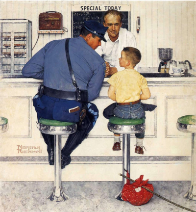 画师则是Norman Rockwell，Rockwell将20世纪美国的日常生活场景用细腻画笔一一记录下来，特别是小城镇生活的温暖，幽默感也从人物的神态中不自觉流露。