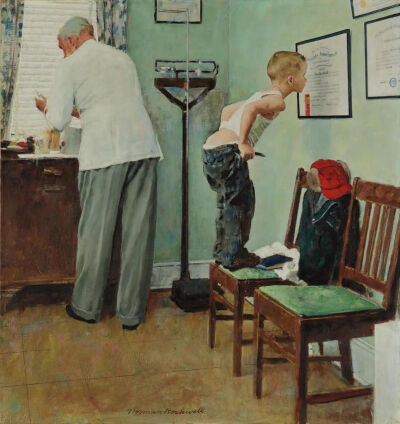 画师则是Norman Rockwell，Rockwell将20世纪美国的日常生活场景用细腻画笔一一记录下来，特别是小城镇生活的温暖，幽默感也从人物的神态中不自觉流露。