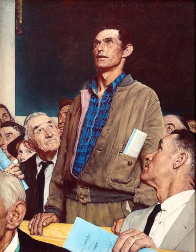 画师则是Norman Rockwell，Rockwell将20世纪美国的日常生活场景用细腻画笔一一记录下来，特别是小城镇生活的温暖，幽默感也从人物的神态中不自觉流露。