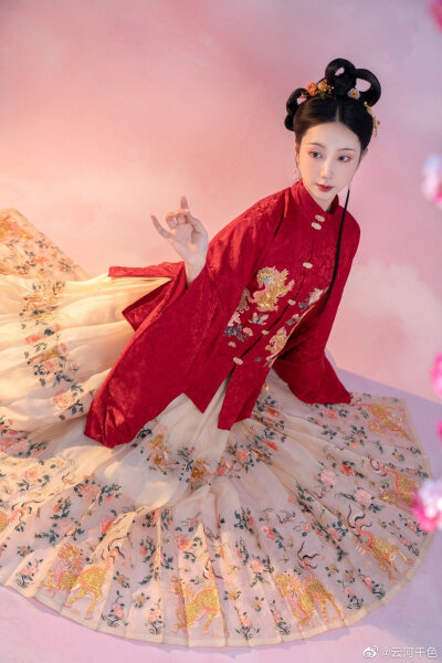 【云河千色】真丝重绉竖领对襟琵琶袖短袄+真丝暗花纱马面裙——六兽兆瑞
