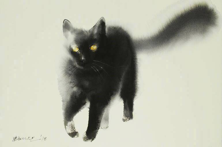 塞尔维亚水彩画家 Endre Penovác 笔下的黑猫 ​ 