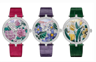 Extraordinary Dials 非凡表盘系列今年推出3枚独一款花卉主题腕表——「Lady Arpels Poèmes en Fleurs」，致敬17世纪法国情诗集「La Guirlande de Julie」中描述的繁花，分别描绘出波斯宫殿映衬的「玫瑰」；希腊神庙…