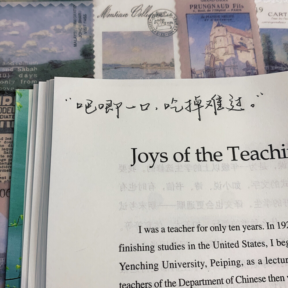 语录分享
背景书：《英译中国现代散文》
手写字帖：屿鱼文创—小熊手写体
-
“吧唧一口，吃掉难过。”
©️小熊手写-