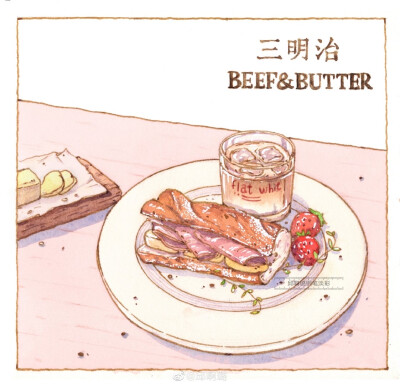 牛肉黄油三明治，钢笔淡彩，水彩手绘
