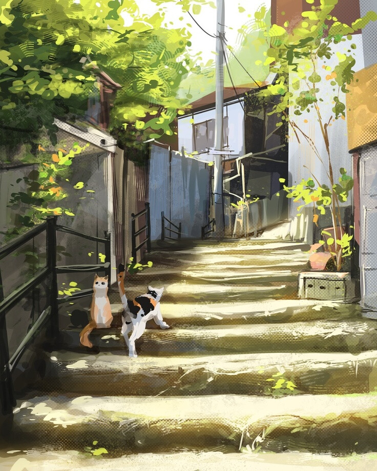 街边 角落 猫咪 风景 插画 By_sam yang