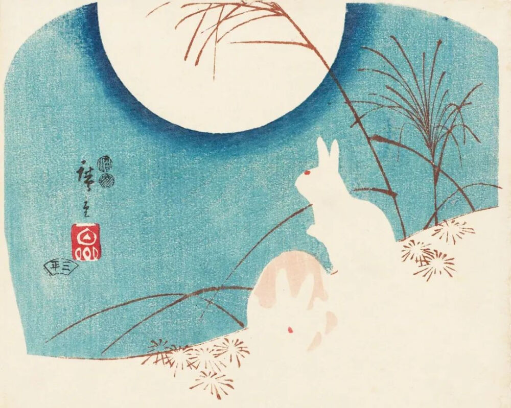 《月兔》/歌川广重/中国的玉兔捣药,日本的白兔却是在月亮上捣麻薯