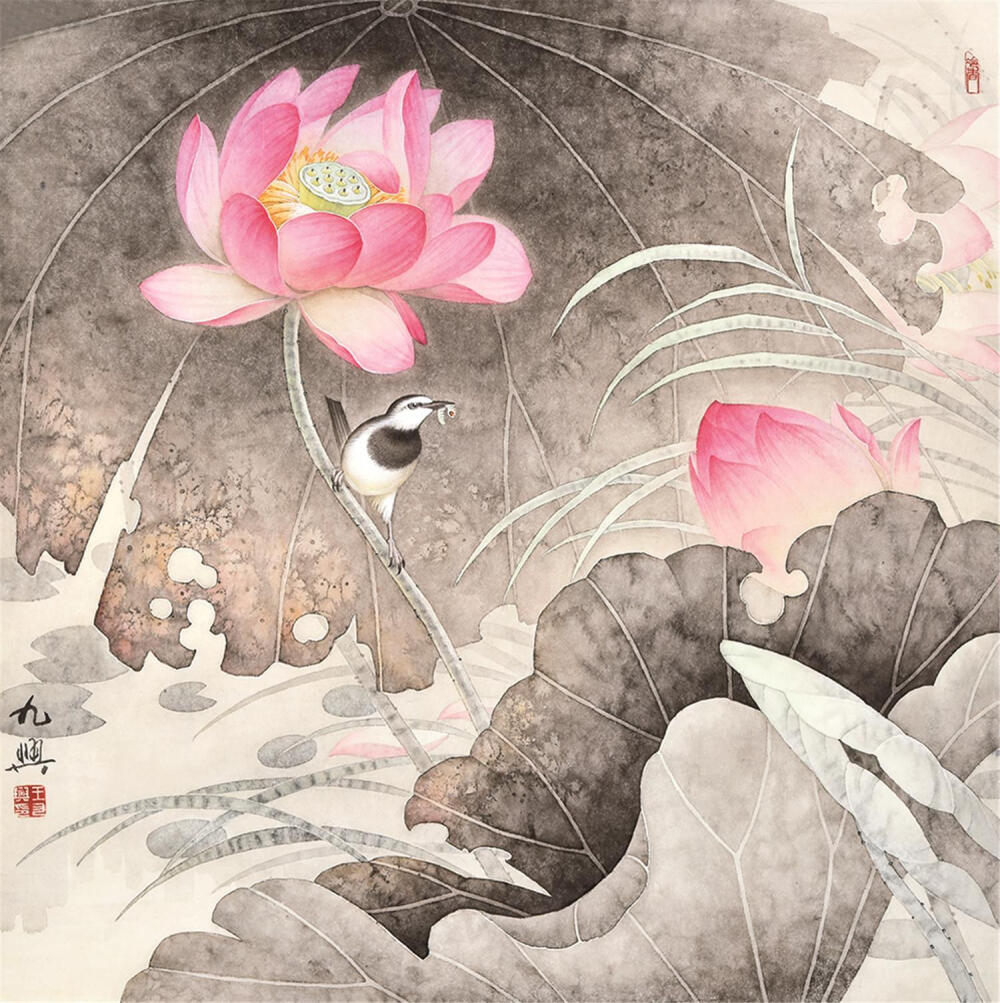 王九兴，荷花国画，王九兴工笔画