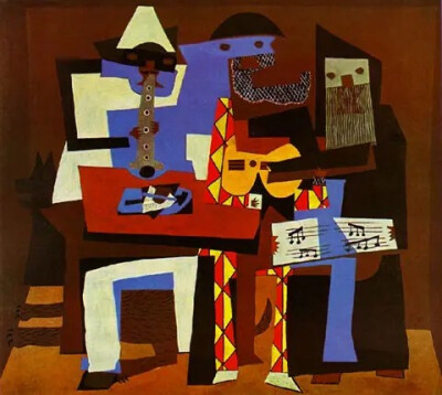 《三个音乐家》毕加索描绘了阿波利奈尔、雅各布和他自己。（1921年 油画）