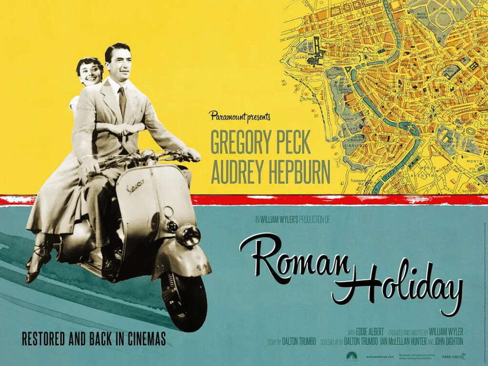 《罗马假日》（Roman Holiday）1953年 美国 由美国派拉蒙公司拍摄的浪漫爱情片，故事讲述了一位欧洲某公国的公主与一个美国记者之间在意大利罗马一天之内发生的浪漫故事。影片由格利高里·派克和奥黛丽·赫本联袂主演，取得了巨大的成功，成为好莱坞黑白电影的经典之作。奥黛丽·赫本也因该片获得了奥斯卡最佳女主角奖。