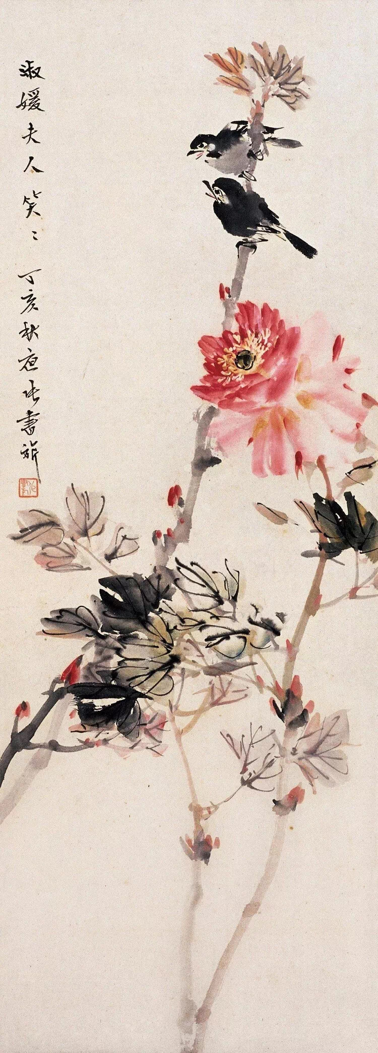 张书旗花鸟“自得家法，其气雄健，其笔超脱”
张书旗（1900—1957）原名世忠，字书旂，号南京晓庄、七炉居。室名小松山庄。浙江浦江人。曾任南京中央大学教授，抗战期间去美国创办画院，讲学作画，后定居旧金山。出版有《书旗花鸟集》、《张书旗画集》等。张书旗作品有日本画的面貌；喜用高丽纸作画，力求色彩与水墨的融合。学院派杰出代表，素有“任伯年第二”的美誉，善于用粉，能“粉分五色”，有“白粉主义画家”之称。吕风子赞他“画花似闻香，画鸟若欲语，技法卓绝，当代无与抗衡者。” 徐悲鸿称其：“自得家法，其气雄健，其笔超脱，欲与古人争一席地，而蔚为当代代表作家之一”。