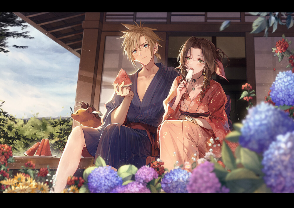 「夏」/「c7肘」的插画 [pixivid=217707]【FF7/Cloud/Aerith】