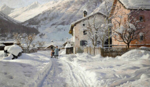 积雪中的村庄。作者：画家Peder Mørk Mønsted ​