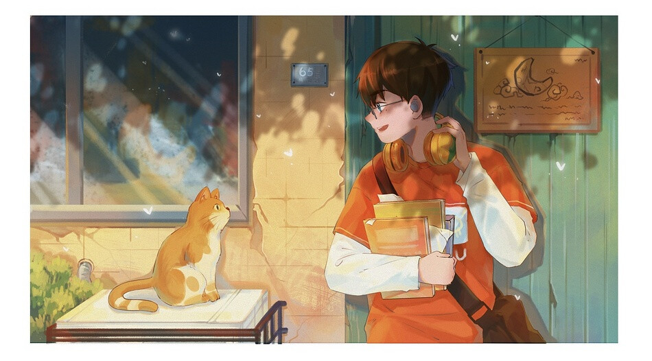 少年 猫咪 插画 By_六十五便士