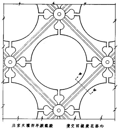 [cp]#古建小课堂#
【古建小木作·窗格·双交四椀菱花】
双交四椀菱花窗格是古建门窗装修格芯形式的一种，属于菱花窗，比三交六椀菱花的纹样等级低一点。
双交四椀菱花窗格的一束花组由四个花瓣组成，或者一个圆内有四个花瓣，而 每个花瓣由两个圆相交而成，后来经过发展，均以四边形（每两个边相交）为骨架雕凿的菱花，因此统称为双交四椀菱花。
双交四椀菱花窗格的两根棂条相交，以菱花组成四个圆形，正交为棂条中线相交成四个垂直夹角，斜交偏45度。其图案主要靠棂条花瓣变化形成，常见的有双交四椀球形格心、双交四椀古老钱格心等。