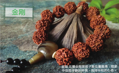 金刚
五瓣金刚菩提子象征着圆满，给家中创造平静的环境，保持平和的心态。
材料： 线材—长60厘米，直径为0.8毫米的深棕色包芯弹力线1根。
玉石珠—直径为6毫米的黑曜石6颗。果实珠—直径为15～18毫米的五瓣金刚…