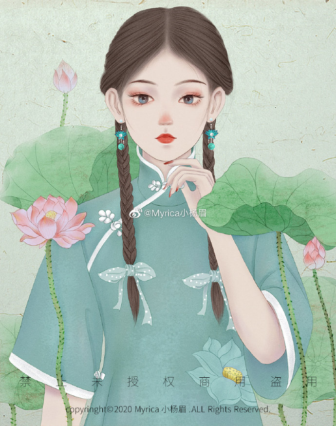 二十四节气暖冬花卉古风少女旗袍插画