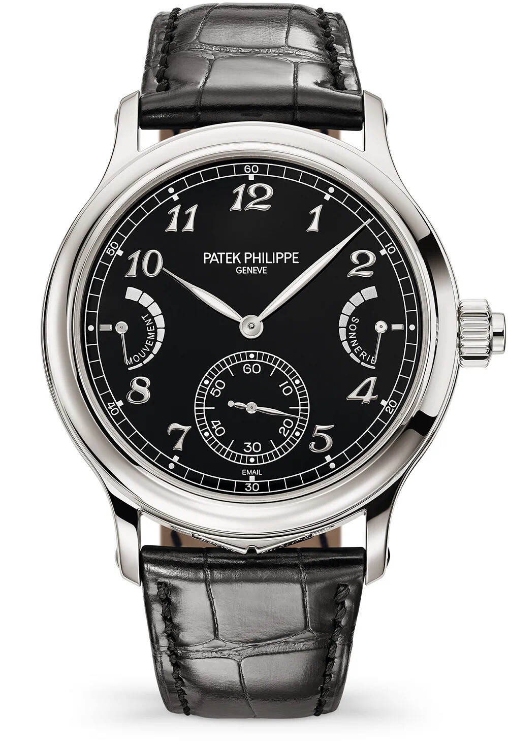 PATEK PHILIPPE 百达翡丽
新款 Ref. 6301P 大自鸣腕表，首款以纯粹形式演绎大自鸣功能的超级复杂腕表，同时具有小自鸣、三问报时、机芯动力储存显示、报时动力储存显示及跳秒功能。优雅经典的铂金表壳搭配大明火珐琅黑色表盘，曲线圆润优美。三音簧报时优雅动听，完美呈现时间之韵的“百达翡丽鸣音”声学盛宴。