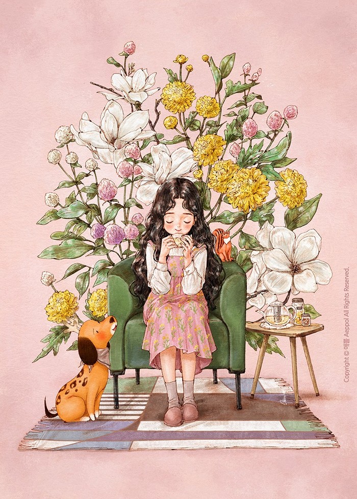 清香的花茶 ~ 来自韩国插画家Aeppol 的「森林女孩日记-2021」系列插画。